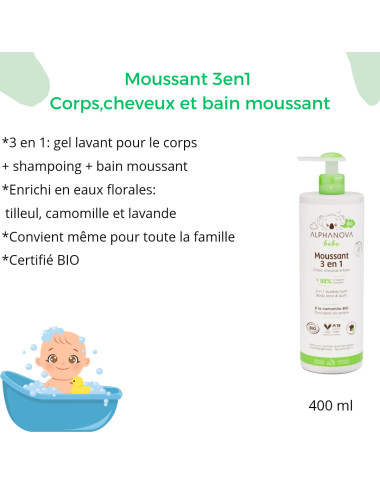ALPHANOVA Moussant 3en1 Bio 400ml – Douceur Naturelle pour Bébé