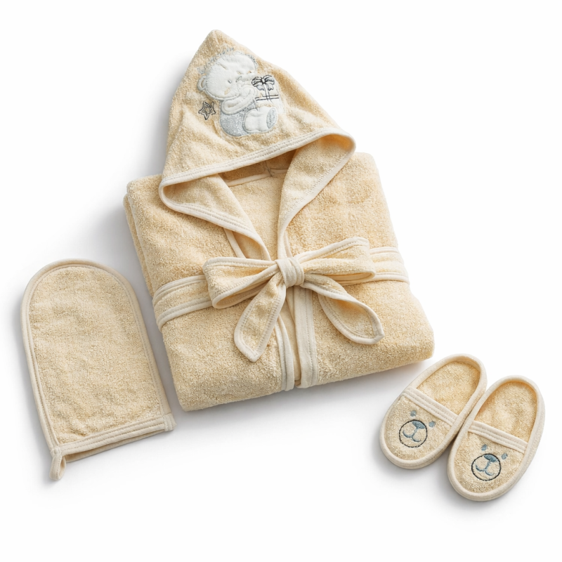 bebe maman ensemble de bain cap de bain  chaussette de bain gant de toilette en beige  baby mam
