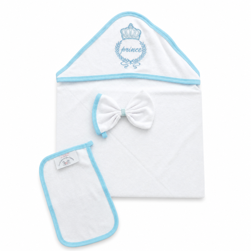 bebe maman sortie bain : cap de bain gant de toilette serviette de bain prince en bleu baby mam