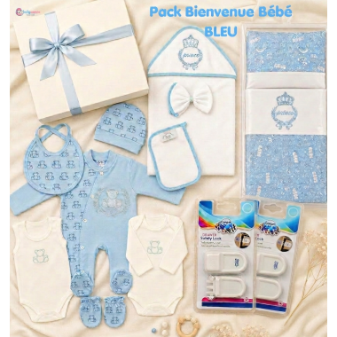 bebe maman pack bienvenu nouveau ne en bleu sortie clinique sortie bain parure drape+oreille prince baby mam