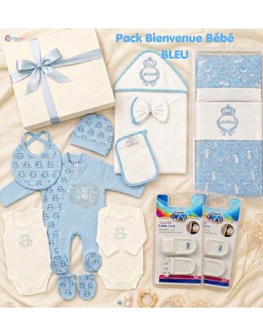 bebe maman pack bienvenu nouveau ne en bleu sortie clinique sortie bain parure drape+oreille prince baby mam
