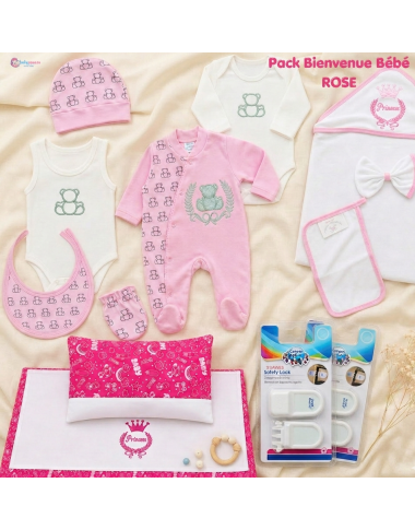 bebe maman pack bienvenu nouveau ne en rose sortie clinique sortie bain parure drape+oreille princesse baby mam