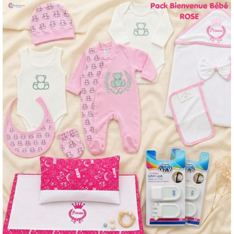 bebe maman pack bienvenu nouveau ne en rose sortie clinique sortie bain parure drape+oreille princesse baby mam