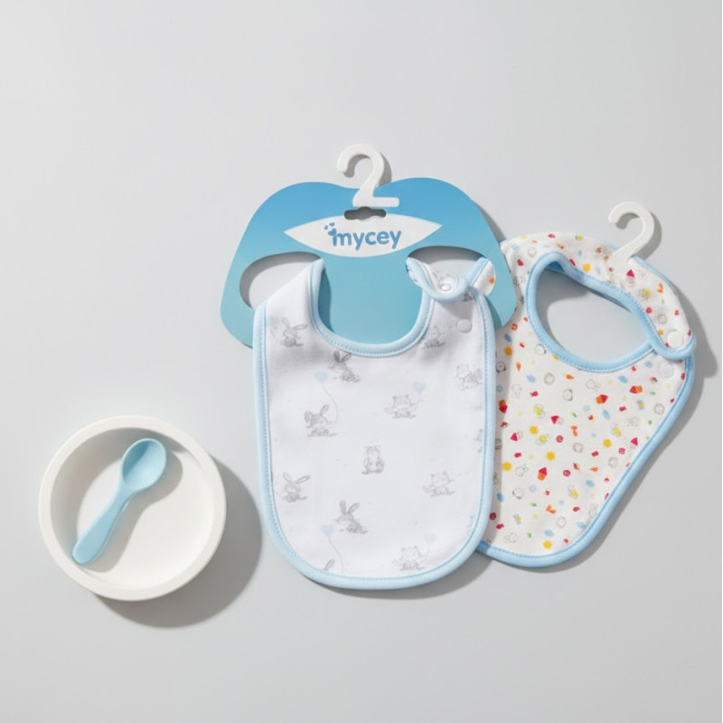 bebe maman mycey lot/2 bavoirs bleu coton baby mam